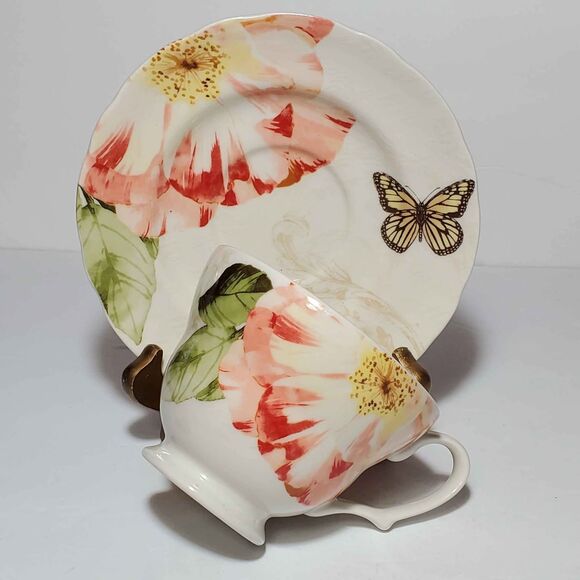 222 Fifth Teacup and Saucer Pink Flower Butterfly - Picture 6 of 10